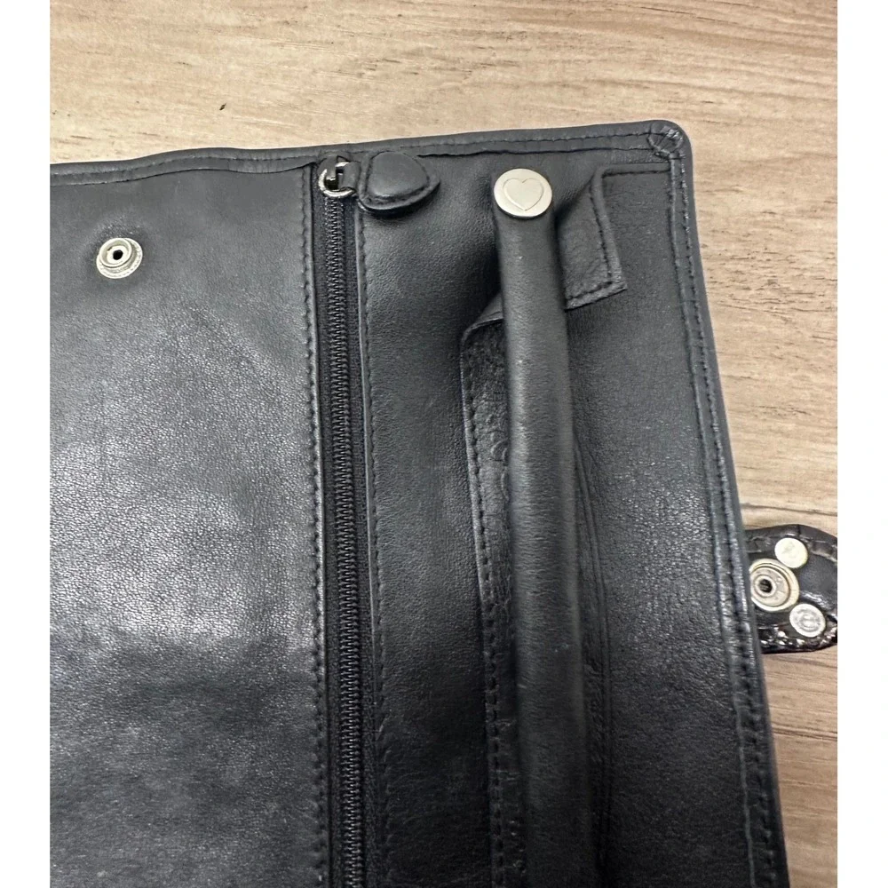 Brighton Black Leather Jewelry Organizer Roll Travel Heart‎ Charm Snap Closure
